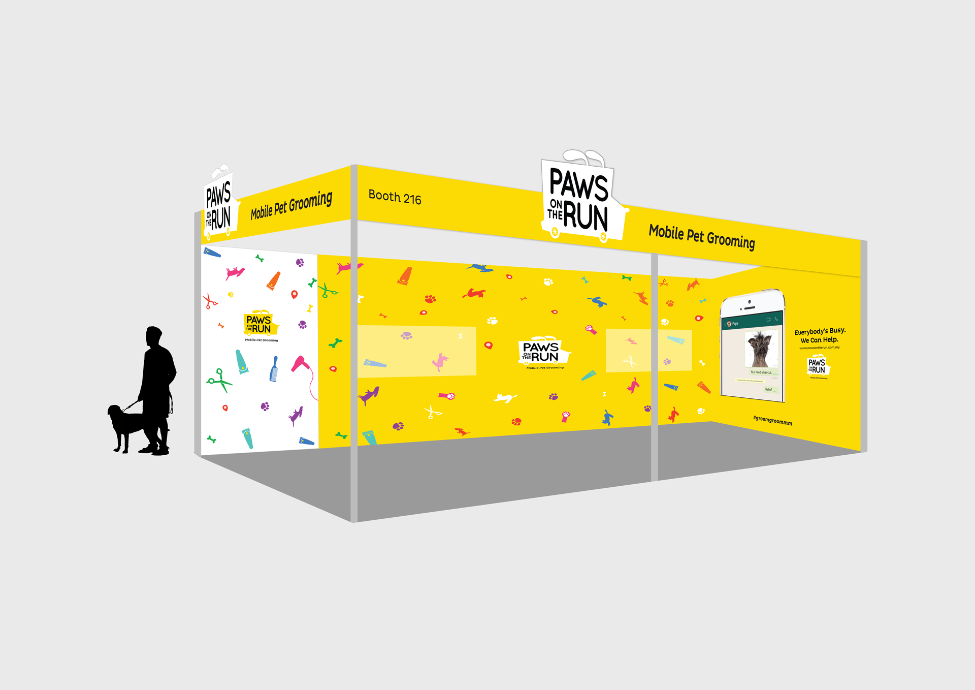 An isometric 2D visualization of a yellow Paws On The Run booth designed for the pet expo