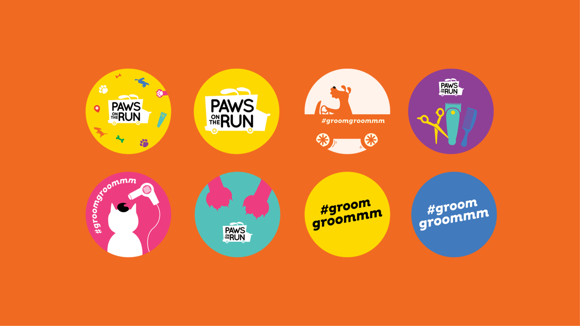 Paws On The Run pin / button badges featuring branded illustrations