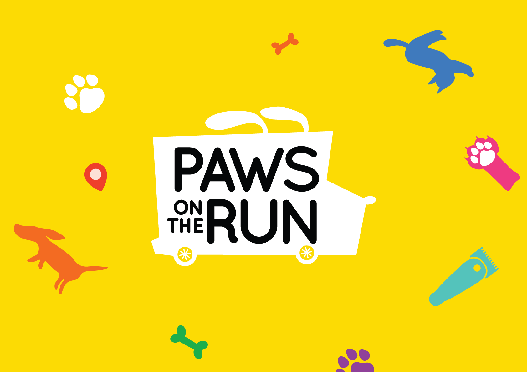 Key Visual of Paws On The Run — yellow background with the 'Paws On The Run' truck logo and assorted illustrations of dogs, paws, bones, scissors, clippers, and location pins