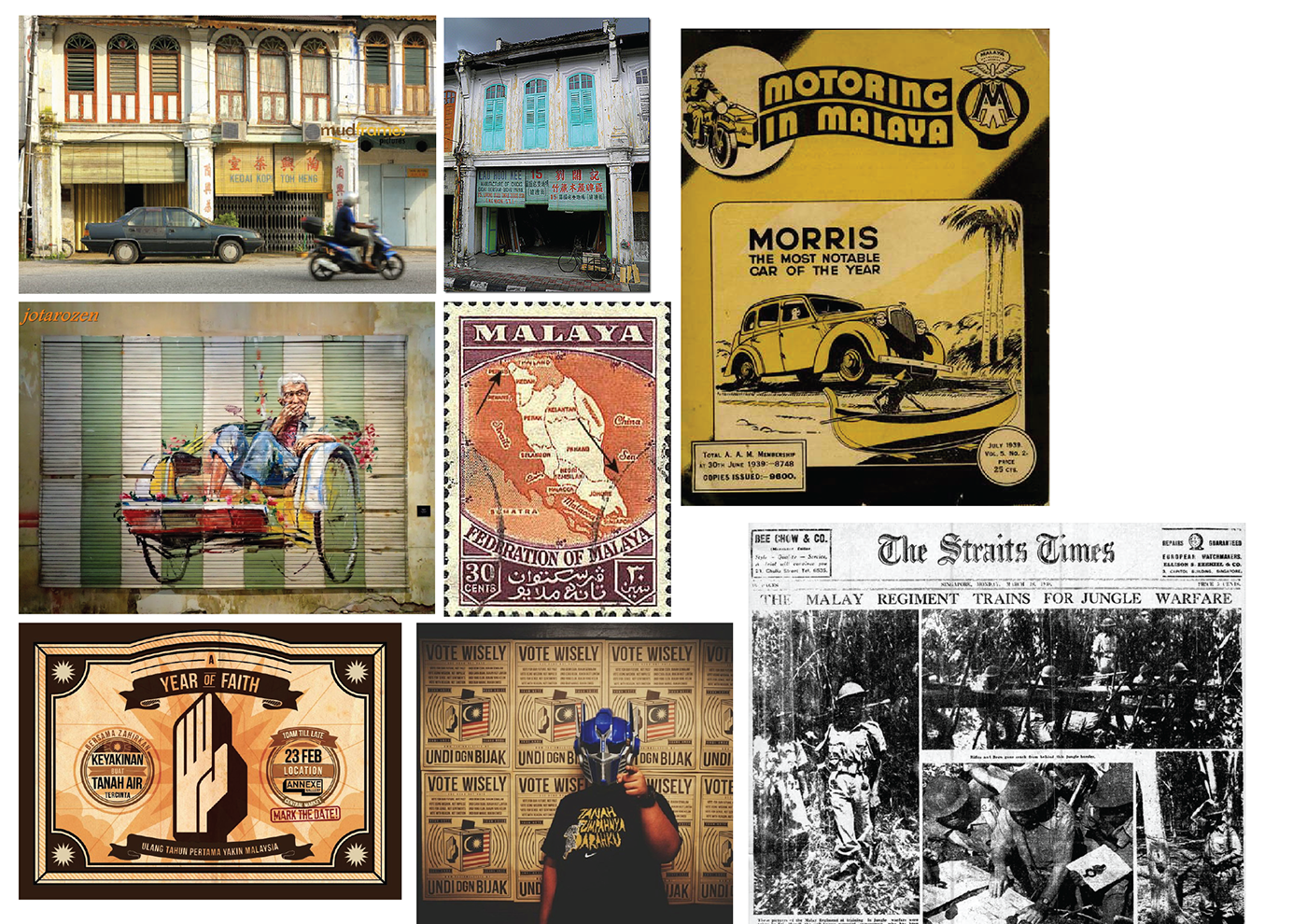 Nostalgic and heritage-inspired moodboard — vintage Malaysian culture, colonial-era references