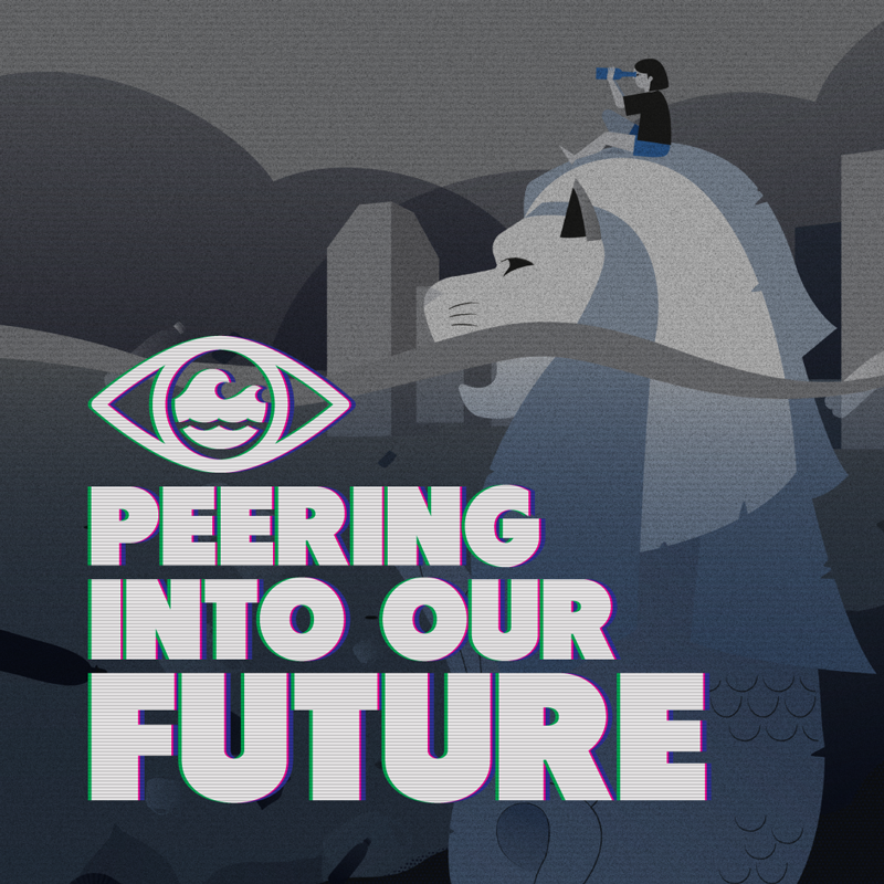 Peering Into Our Future — illustrated key visual showing a child with binoculars on the Merlion