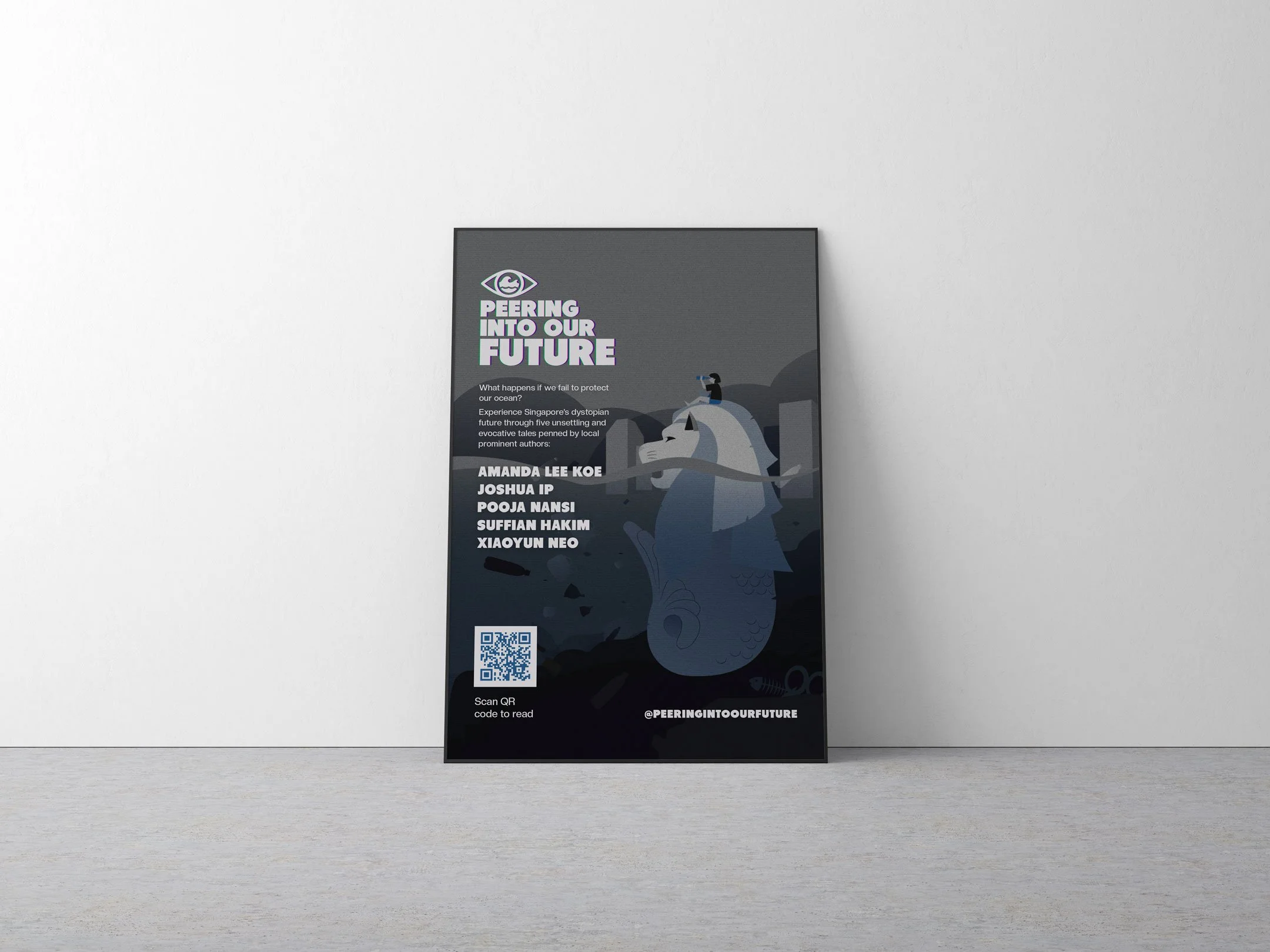 A framed Peering Into Our Future poster reclining against a grey wall on a dark grey concrete floor