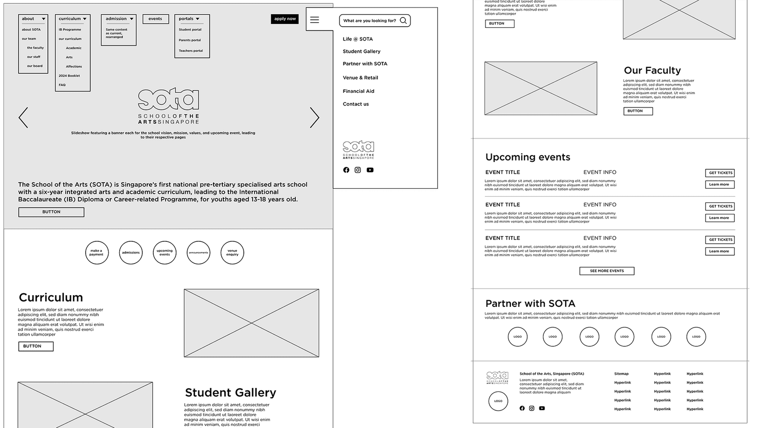 Wireframes for School of The Arts Singapore's landing page